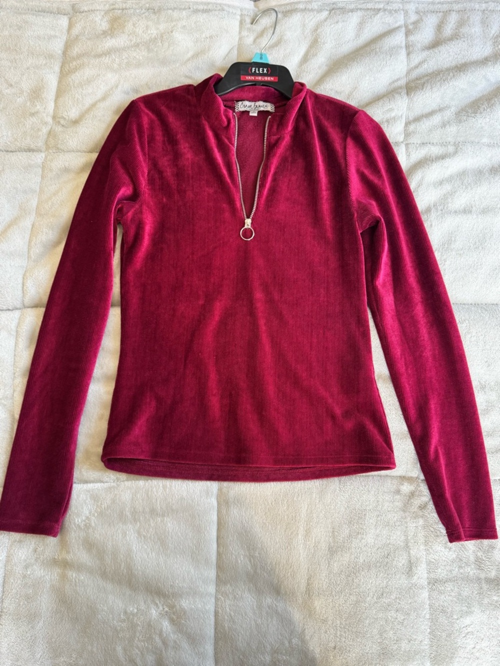Crave Fame Velvet Half-Zip Long Sleeve Top - Berry Red